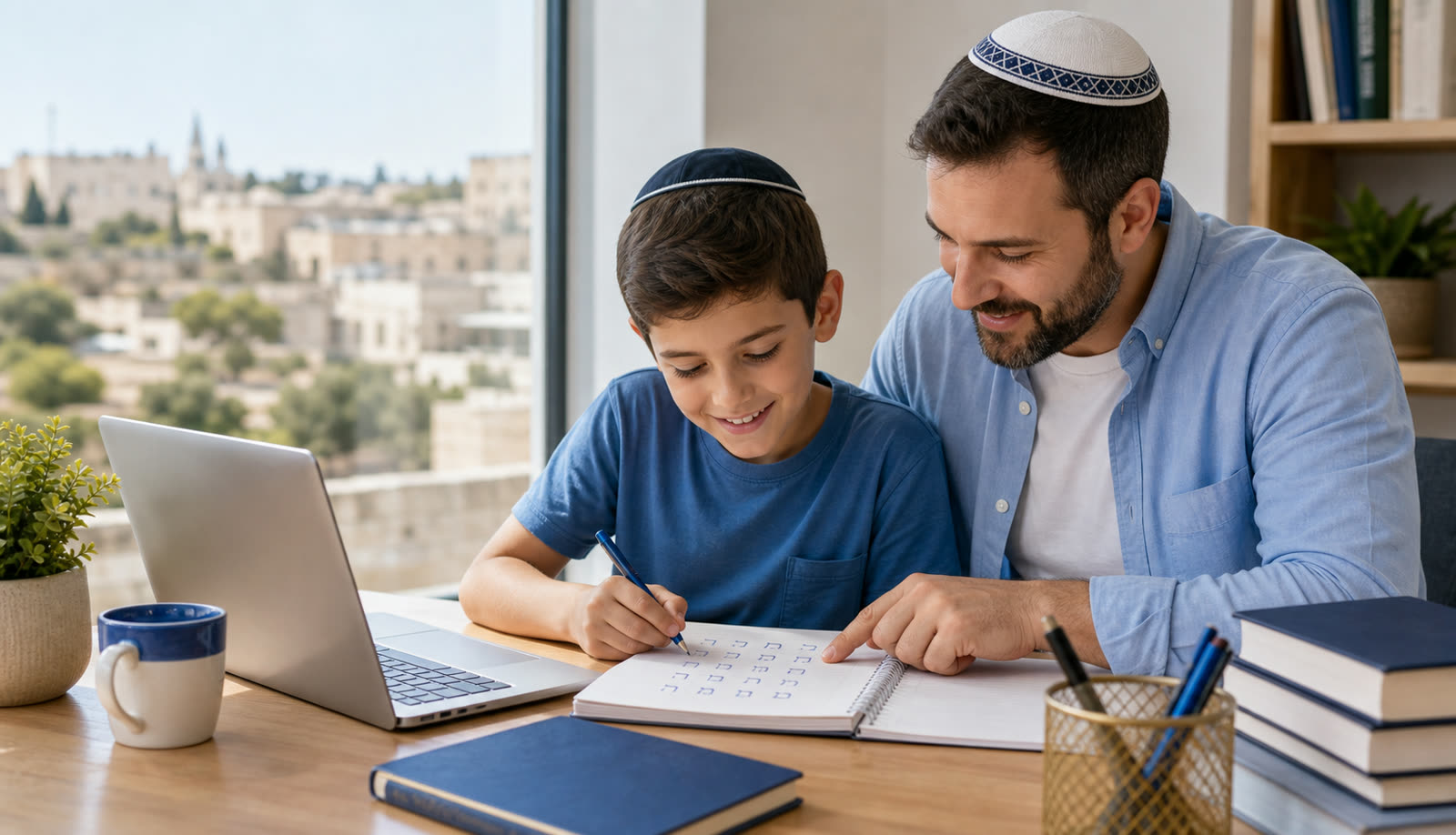 Hombre judio religioso moderno estudiando hebreo online con un nino