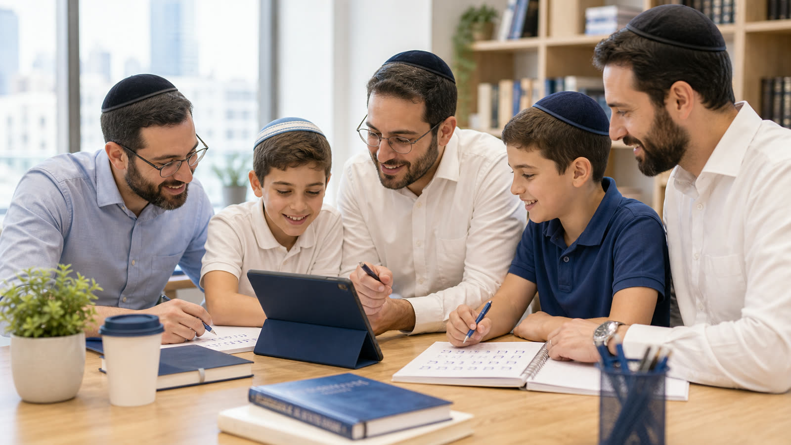 Hombres judios religiosos modernos y ninos aprendiendo hebreo juntos